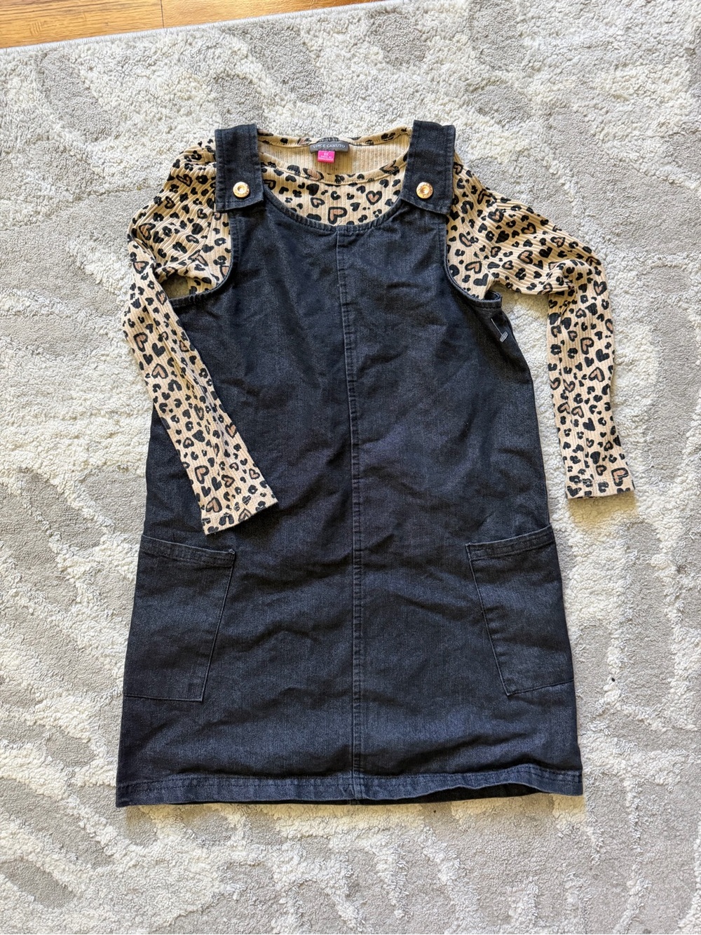 Vince Camuto Black Denim Pinafore Dress with Leopard Print Top